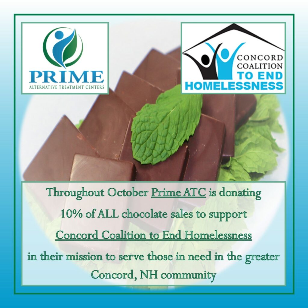 Image of chocolate, message saying 10% of chocolate sales in October will be donated to Concord Coalition to End Homelessness 