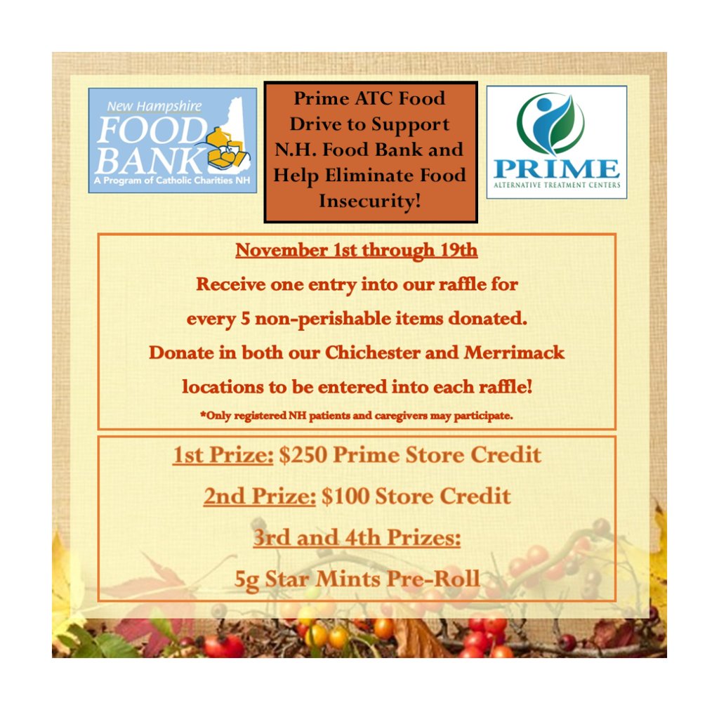graphic version of announcement that Prime is collecting donations for New Hampshire Food Bank to help eliminate food insecurity