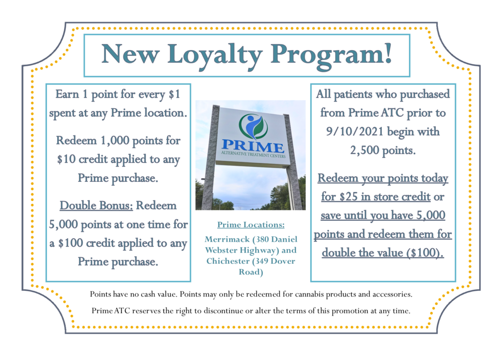 Graphic announcement of loyalty program. Points have no cash value and may only be redeemed for cannabis products and accessories. Prime reserves the right to alter or discontinue the terms of this promotion at any time.