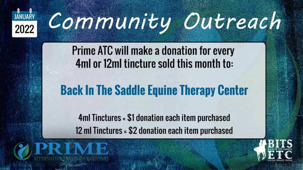 flyer announcing that Prime ATC will make a donation to Back in the Saddle Equine Therapy Center for every 4ml or 12ml tincture sold in January