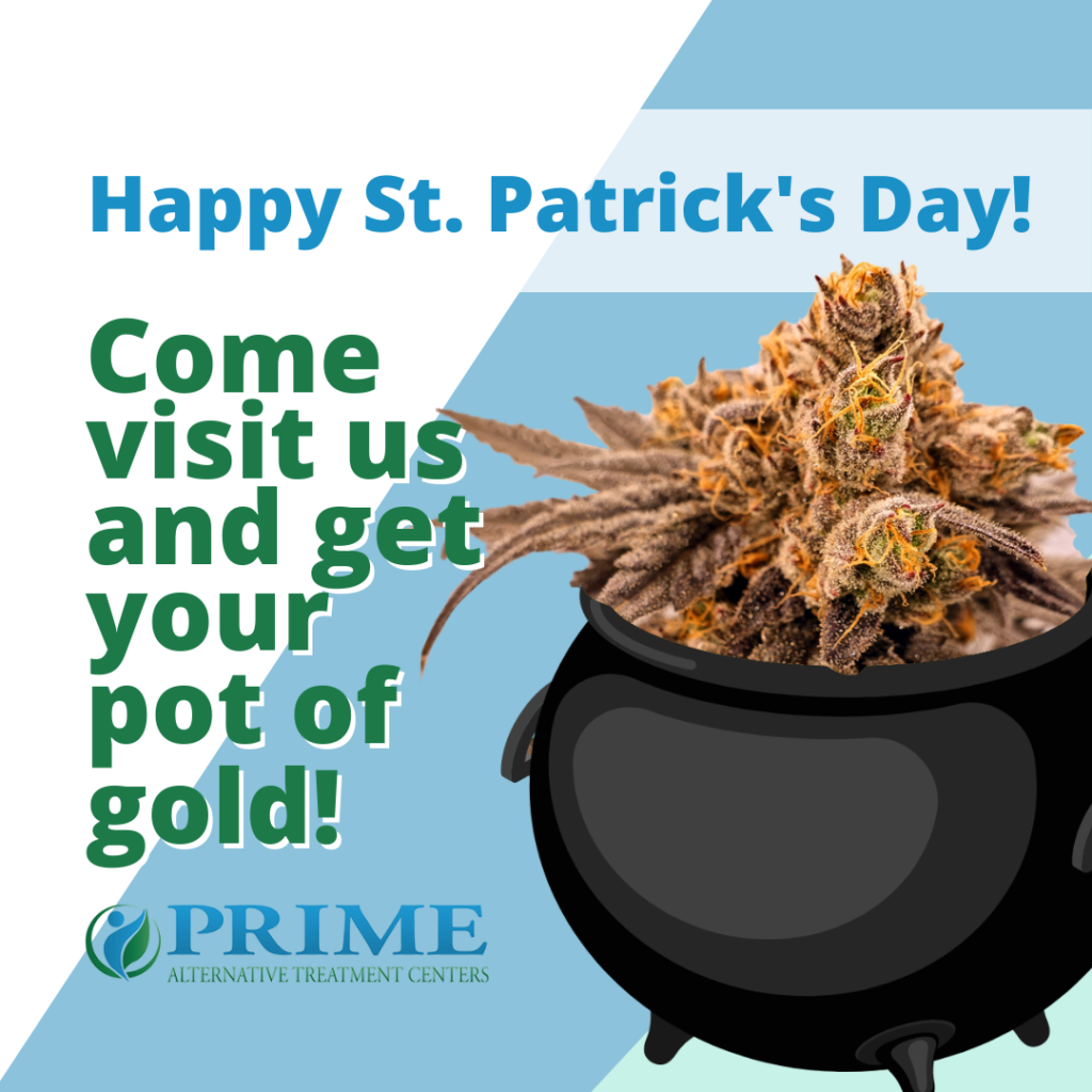 Happy St. Patrick's Day image with cannabis flower in "pot of gold"