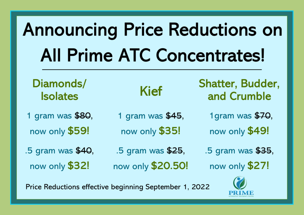 Price reductions on all concentrates

Diamonds/Isolates
1 gram was $80, 
now only $59!
.5 gram was $40, 
now only $32!

Kief
1 gram was $45, 
now only $35!
.5 gram was $25, 
now only $20.50!

Shatter, Budder, and Crumble
1gram was $70, 
now only $49! 
.5 gram was $35, 
now only $27! 

Changes take effect September 1