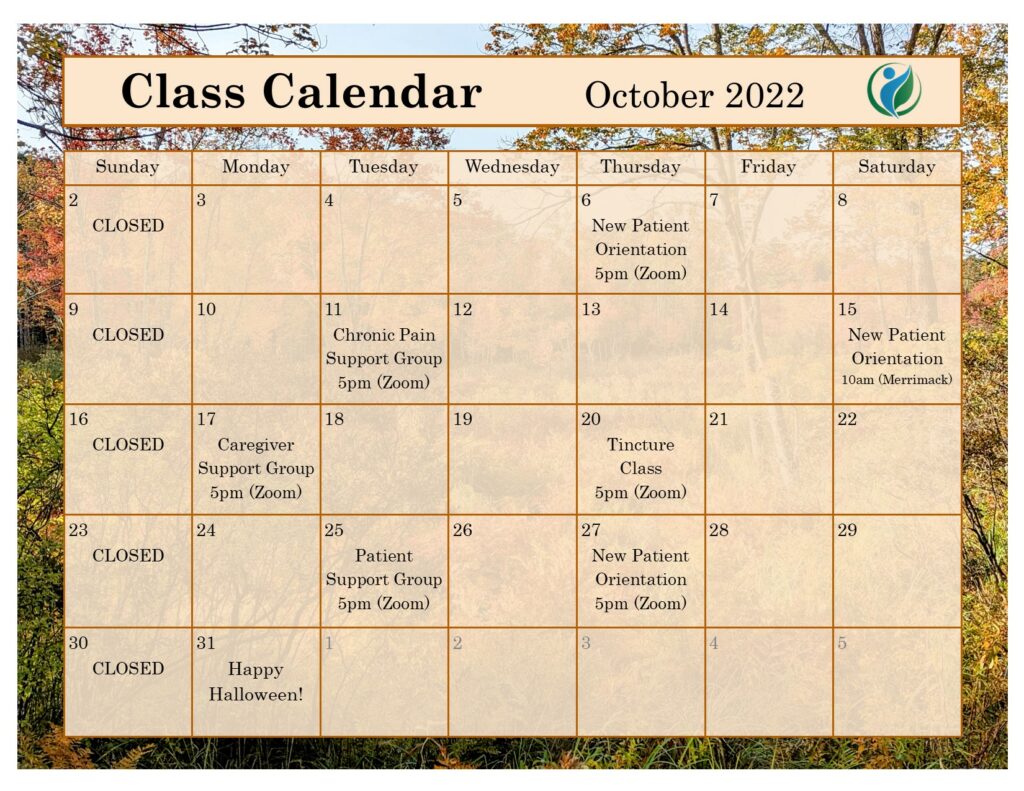 graphic calendar of October classes and support groups