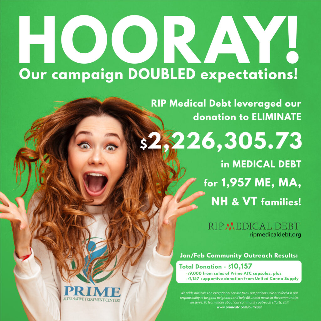 graphic with happy woman announcing that our campaign to eliminate medical debt doubled expectations